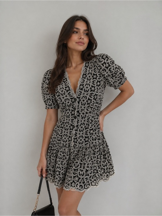 Sandro Paris Dresses & Skirts - Sandro Angeles Embroidered Guipure Mini Dress Black Ivory L
